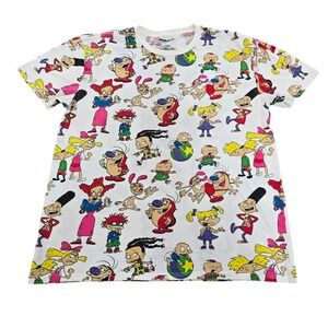 Nickelodeon All Over Print T-Shirt XL White 90s Cartoons Rugrats Ren & Stimpy